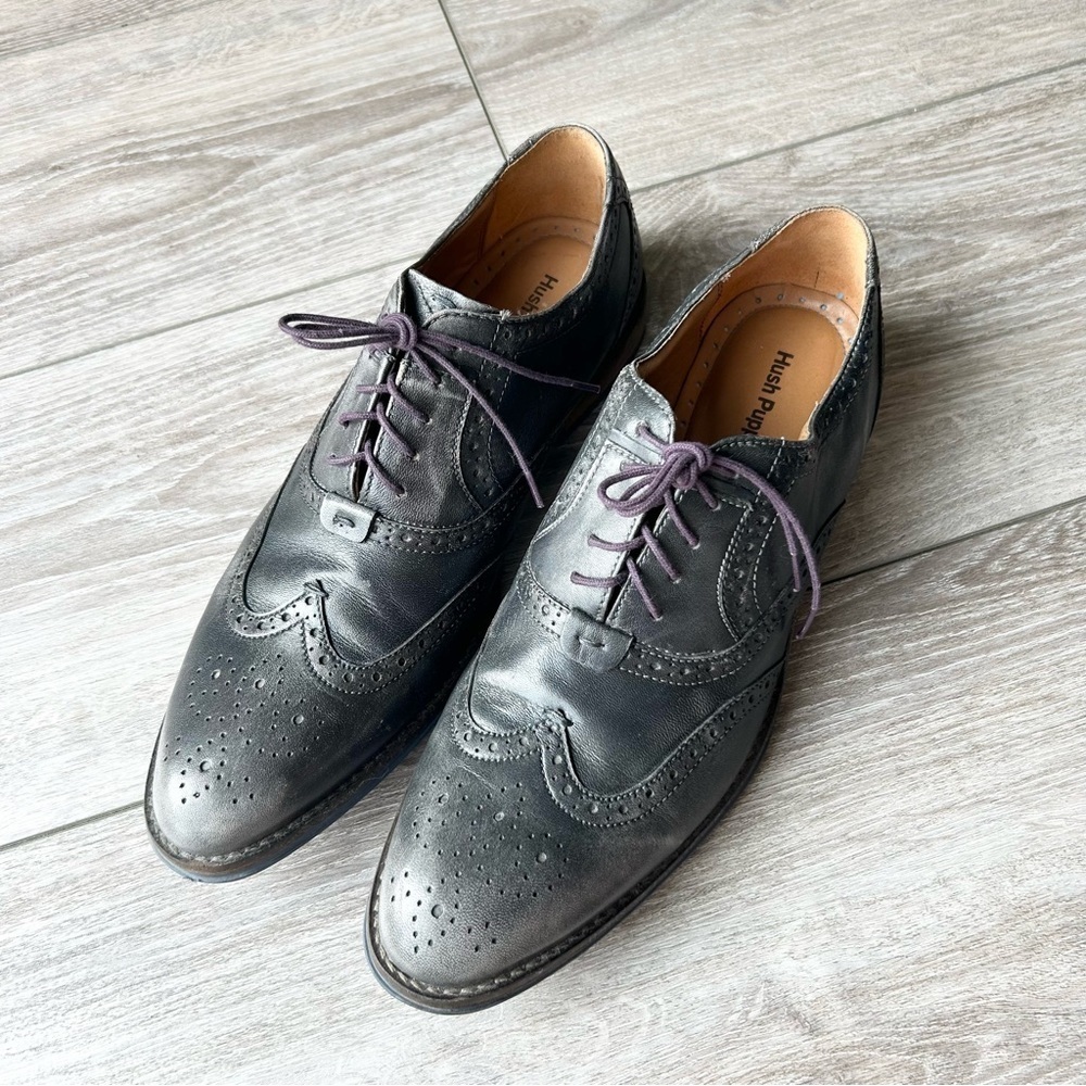 Hush Puppies Black Distressed Leather Wingtips Oxfords